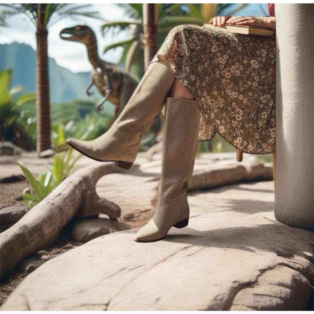 Zara Suede Over The Knee Boots Beige Tall Flat Heel Size 42 (11)